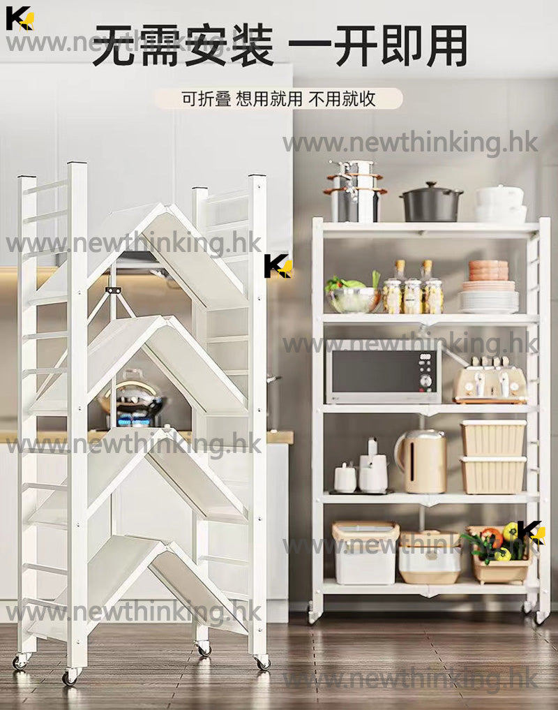 A&0622免安裝廚房置物架摺疊收納架帶碌可移動微波爐烤爐烤箱置物架