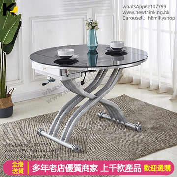 A&5165免安裝圓形餐枱 油壓茶几餐桌一體兩用桌子 咖啡桌 食飯枱 鋼化玻璃升降枱 摺枱 折疊桌 升降茶几