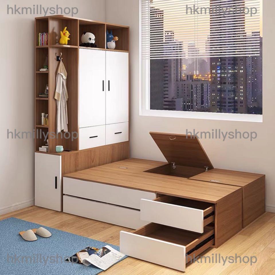 A&0484全實木環保生態板格仔床榻榻米床架衣櫃床組合床一體床地台床收納床儲物床高箱床拼接床