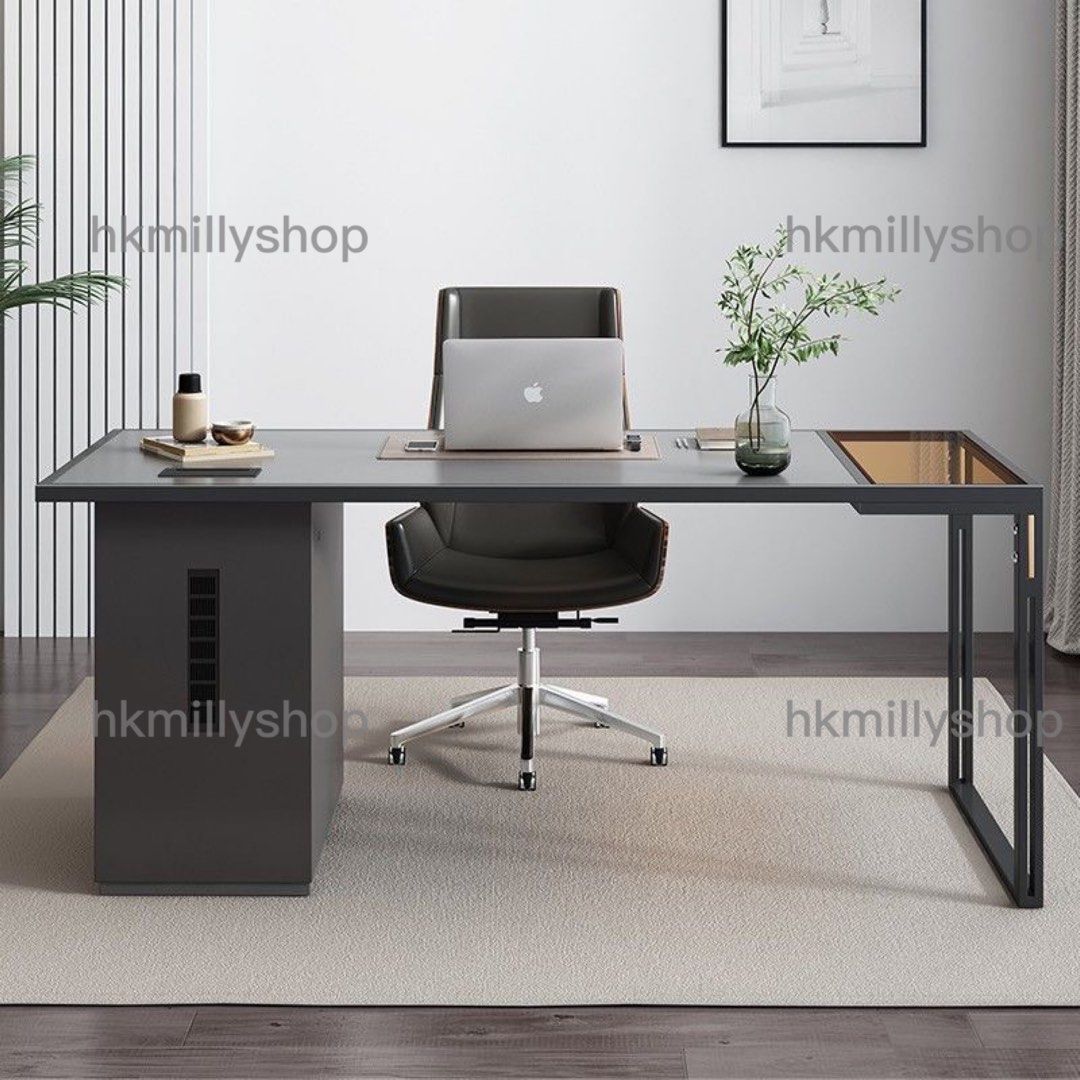 A&0733意式辦公桌 灰色烤漆家用電腦桌椅組合 辦公枱