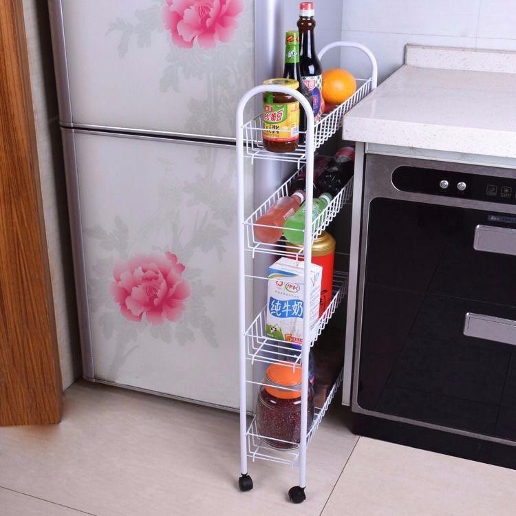 A&0430夾縫置物架帶輪子可移動白色多用途置物架廚房收納冰箱邊夾縫置物架