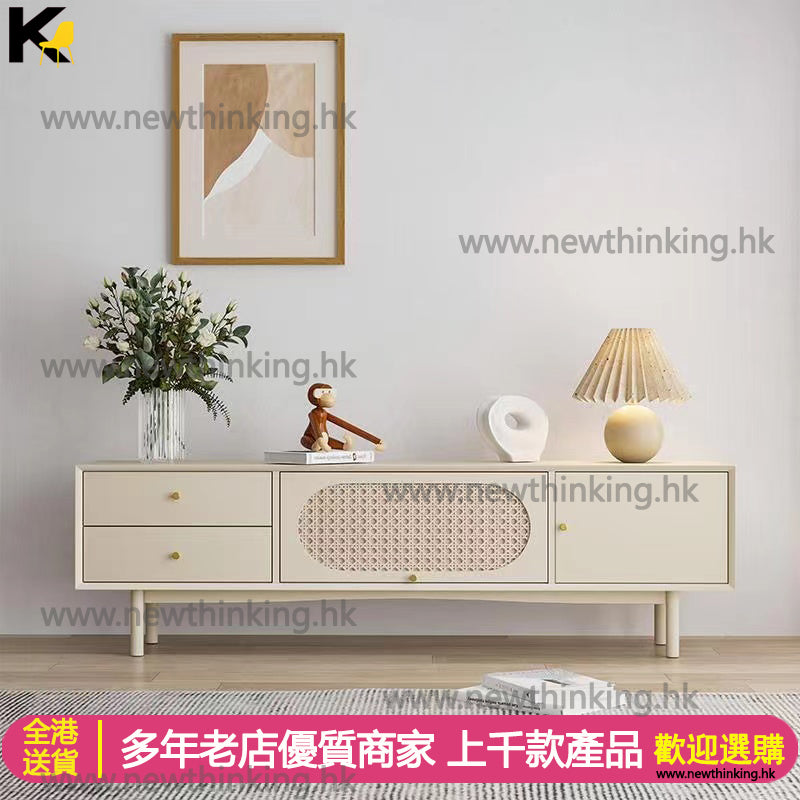 A&0570實木電視櫃 茶几 復古風格 邊櫃 加長地櫃 儲物櫃 收納櫃 客廳置物櫃 落地櫃 藤編儲物格子 電視機櫃 TV櫃