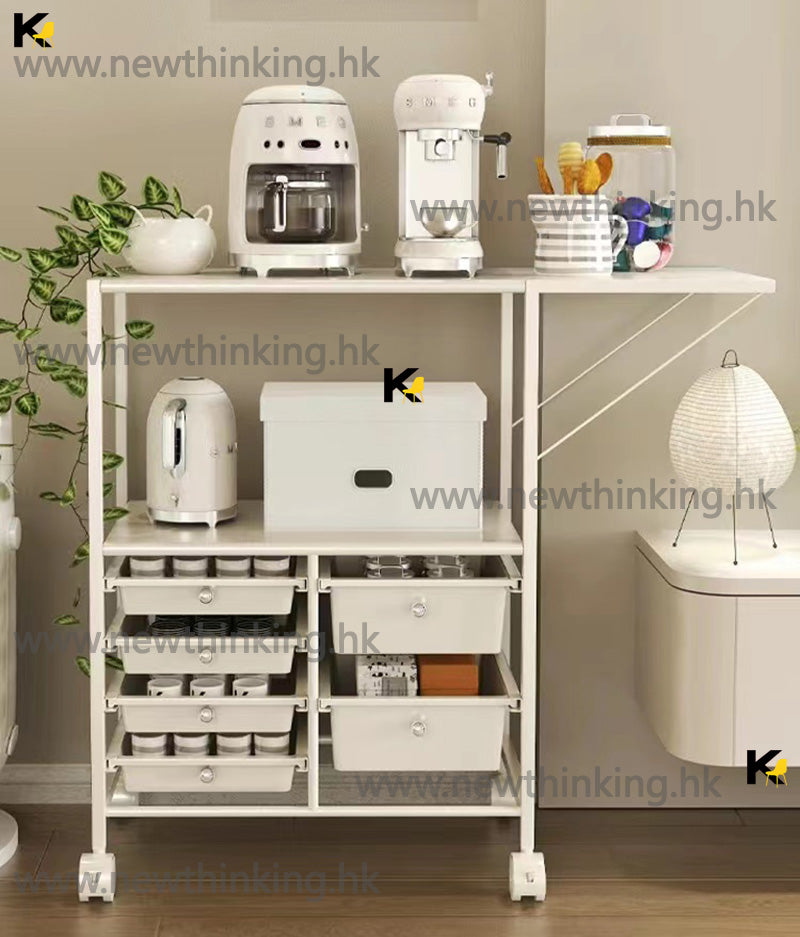 A&0741廚房收納架 微波爐 烤爐置物架 推車咖啡枱 落地儲物格 儲物櫃 餐邊櫃 碗櫃 茶水櫃 可移動帶轆 抽拉籃 菜籃 杯架收納