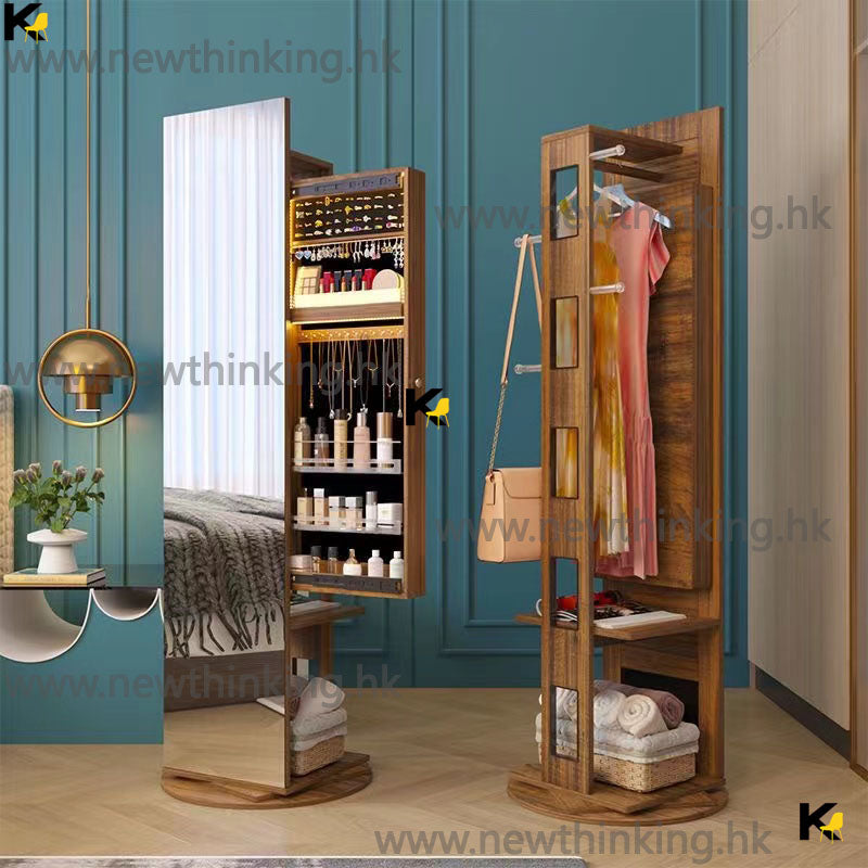 A&0766鏡櫃 化妝櫃 飾品收納櫃 化妝品收納櫃 衣帽櫃 掛衣架 穿衣鏡 可360度旋轉 移動款全身鏡 落地鏡 多功能試衣鏡
