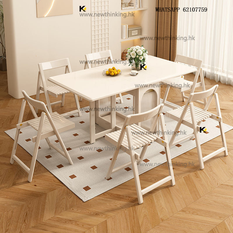 A&5135實木折疊餐枱 餐桌餐椅組合 小戶型奶油風餐桌 食飯枱 可移動帶轆 可收納椅子 伸縮枱 摺枱 蝴蝶枱