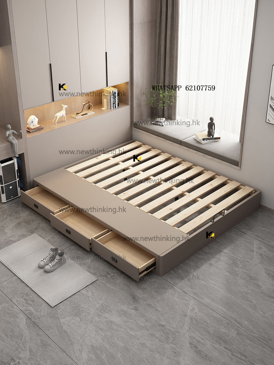 A&5136實木床架 無床頭設計 科技皮材質 落地款榻榻米床架 單人床 雙人床 排骨床架 抽屜床 儲物床 櫃桶床 簡約風格 全新包送貨 bed