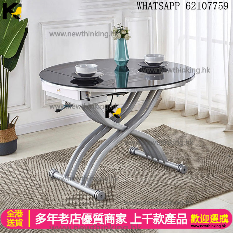 A&5165免安裝圓形餐枱 油壓茶几餐桌一體兩用桌子 咖啡桌 食飯枱 鋼化玻璃升降枱 摺枱 折疊桌 升降茶几