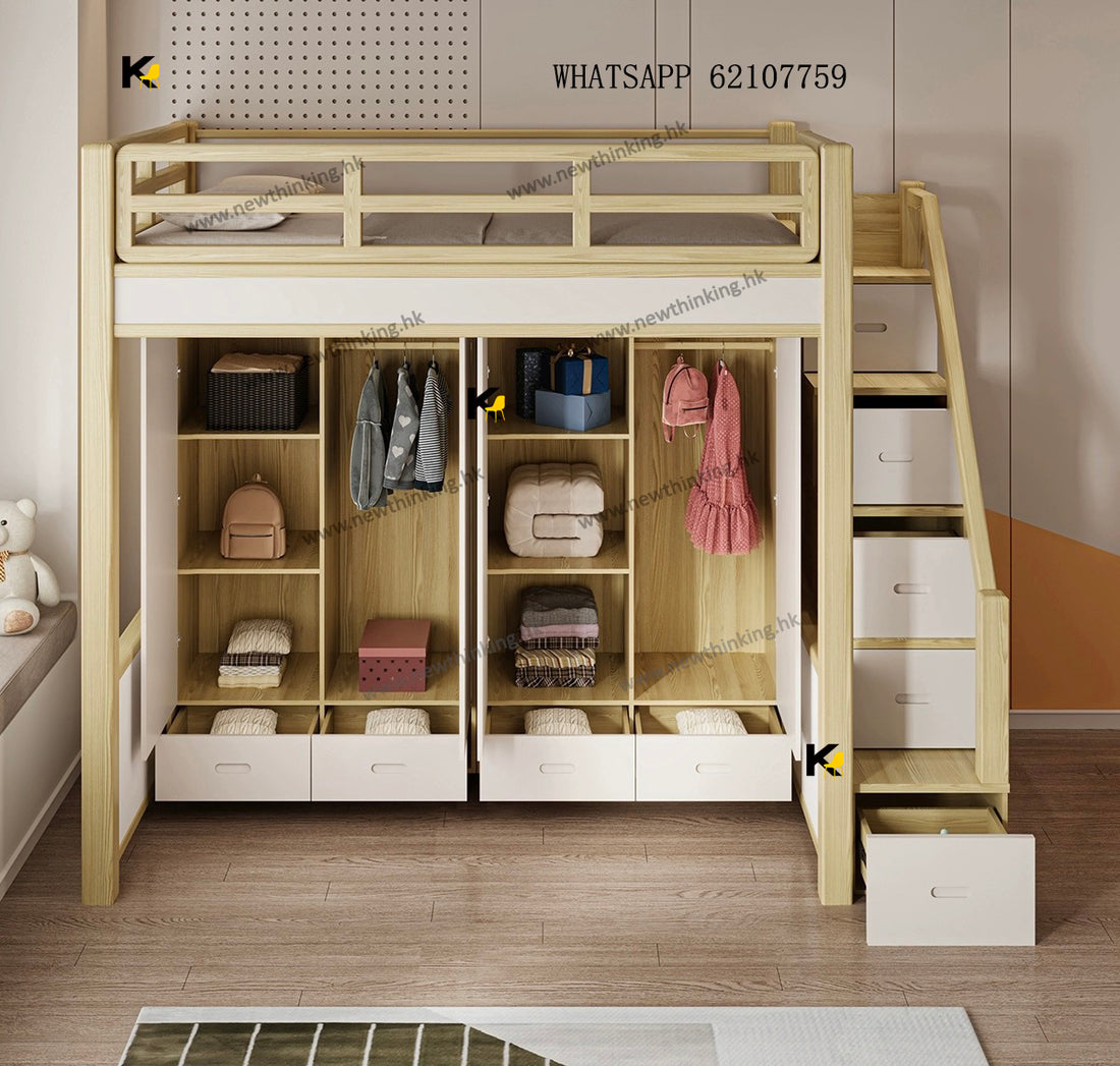 A&1435進口實木橡膠木高架床 組合床 衣櫃書枱半高床 成人床 兒童床 上下床 loft bed 單人床 雙人床 複式床 上床下櫃 梯櫃床