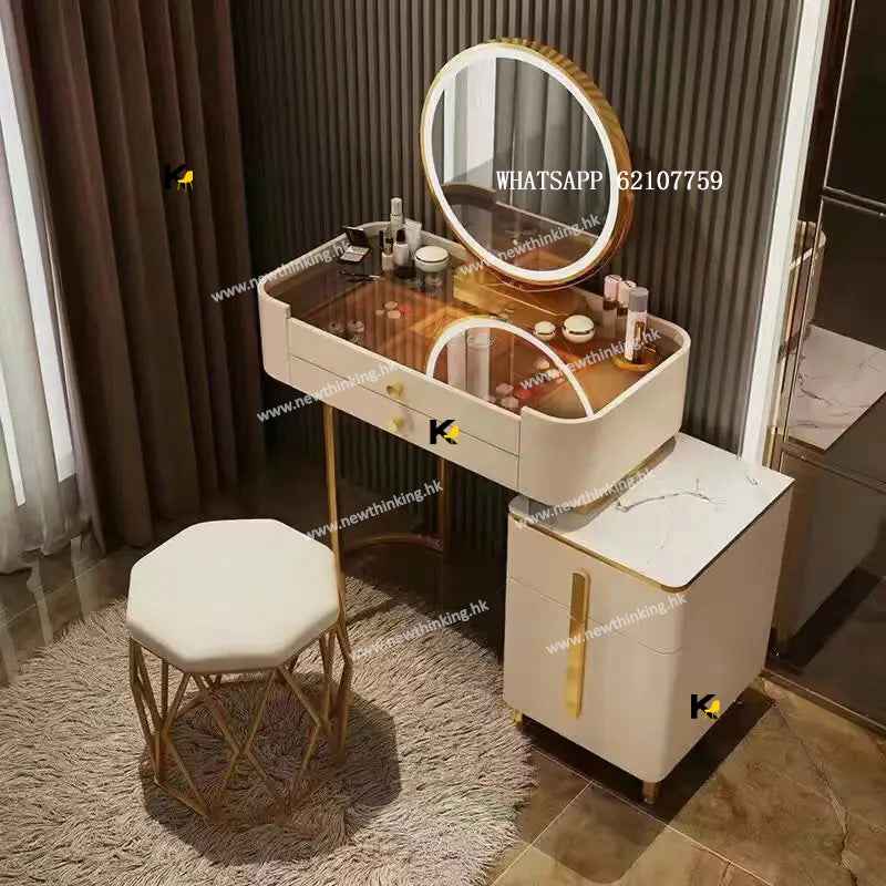 A&1503免安裝化妝枱凳子組合 梳妝枱帶三色燈光鏡子 梳妝桌子椅子收納櫃一體抽屜櫃 化妝品儲物櫃 櫃桶 書桌全新包送貨整裝發貨