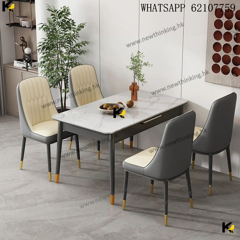 A&1505收縮餐桌椅組合 雲石折疊餐枱餐椅 摺枱 實木框架飯枱食飯枱 飯桌 可伸縮岩板桌子