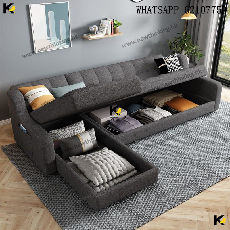 A&1605貴妃L形儲物沙發床 布藝梳化床 轉角沙發 可收納梳化 三人位 多人位沙發 科技佈沙發 折疊沙發