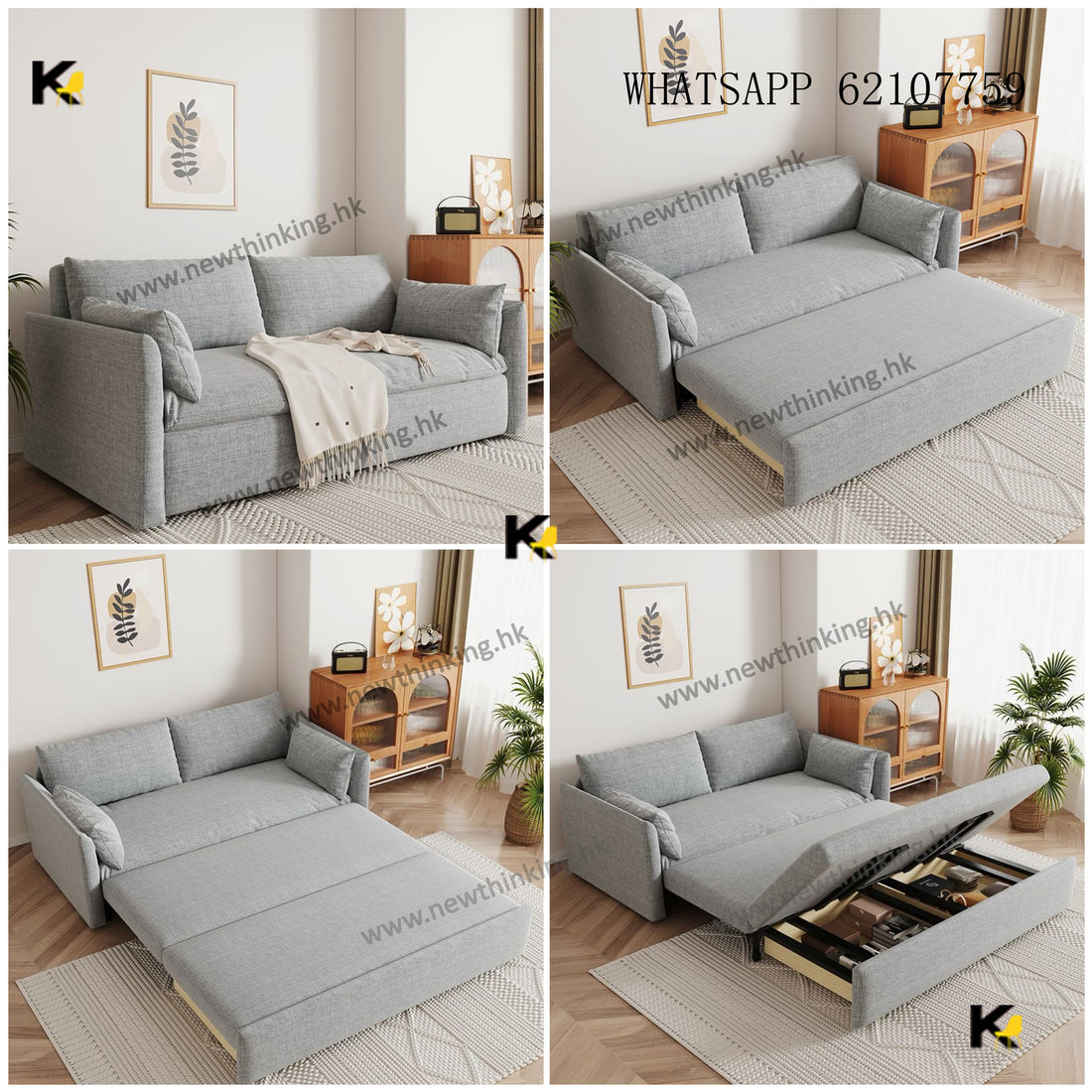 A&1638儲物梳化床 棉麻布藝梳化床沙發床 單人沙發床 雙人沙發床 折疊沙發 推拉款梳化