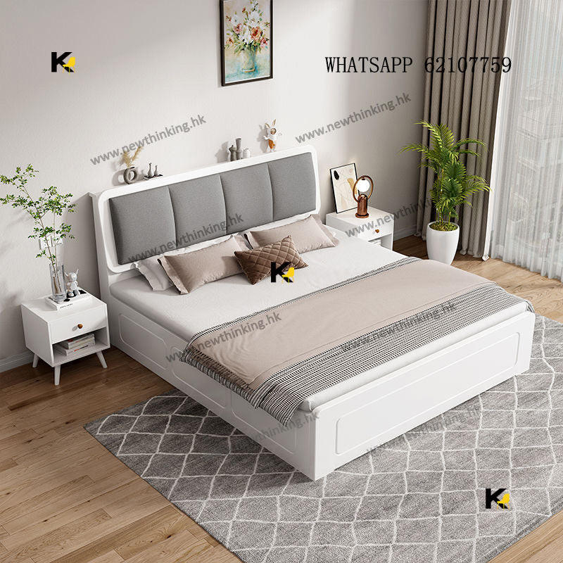 A&1695全實木橡膠木油壓床 單人床 雙人床 床頭軟包靠背 儲物床 收納床