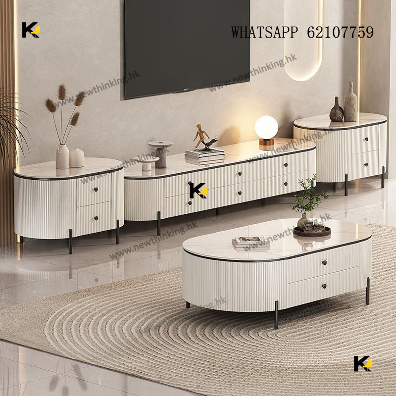 A&1735圓角岩板電視櫃茶几邊櫃組合櫃 四種顏色選擇 客廳雲石長方形 橢圓形茶几 咖啡桌 地台櫃 地櫃