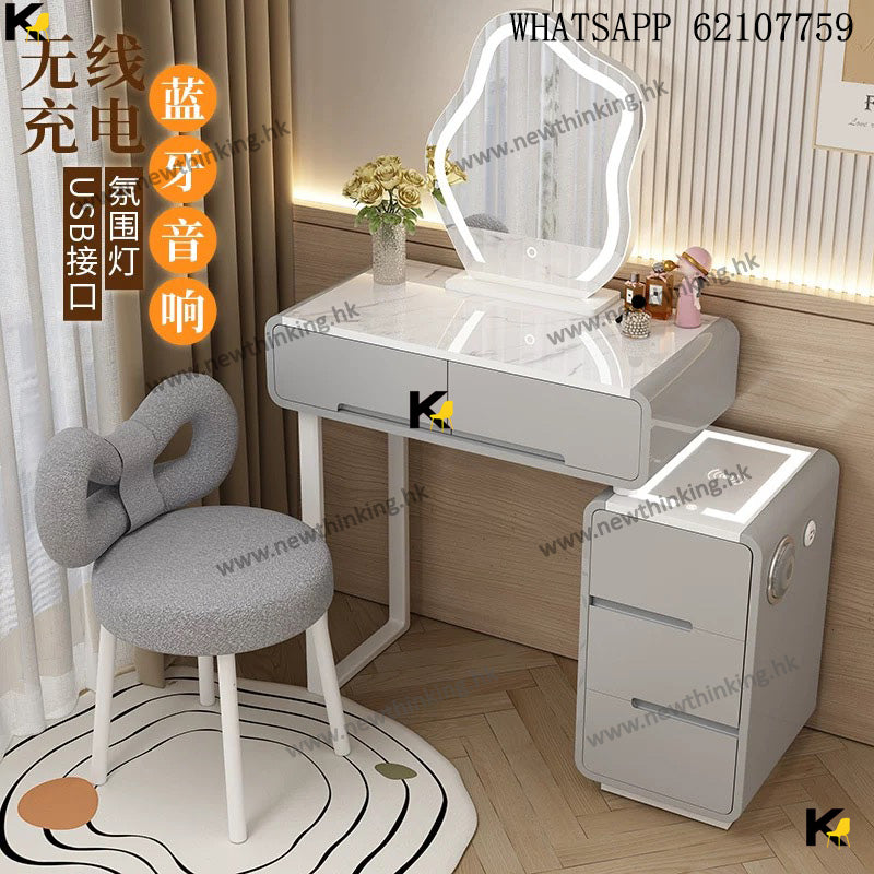 A&1796整裝實木智能多功能梳妝枱 岩板台面 無線充電 USB充電口 藍牙音響 化妝品收納櫃 床頭櫃 化妝桌 化妝枱 三檔調製燈光 全新包送貨#new#free delivery#Dressing table