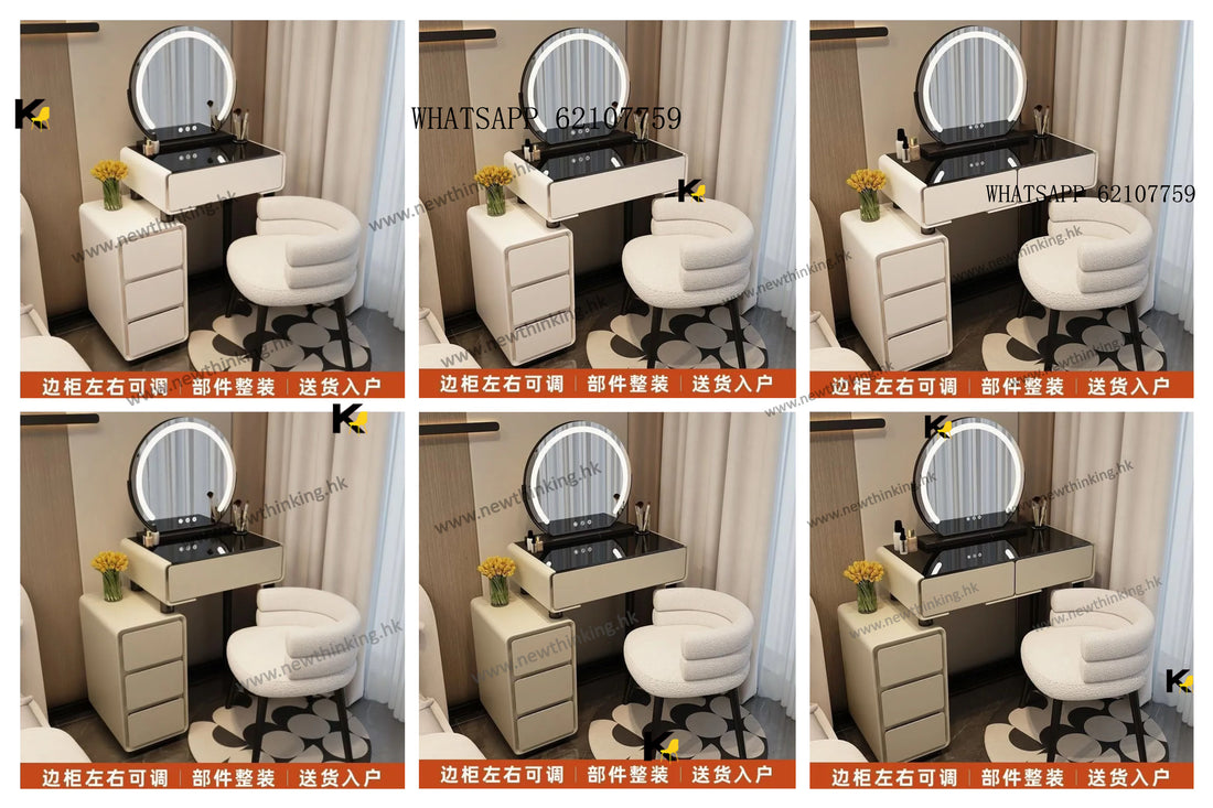 A&1823可愛梳妝台 化妝枱 臥室床頭櫃 床頭儲物櫃 收納櫃 岩板檯面 鋼化玻璃枱面 桌椅組合 化妝桌子 多尺寸選擇