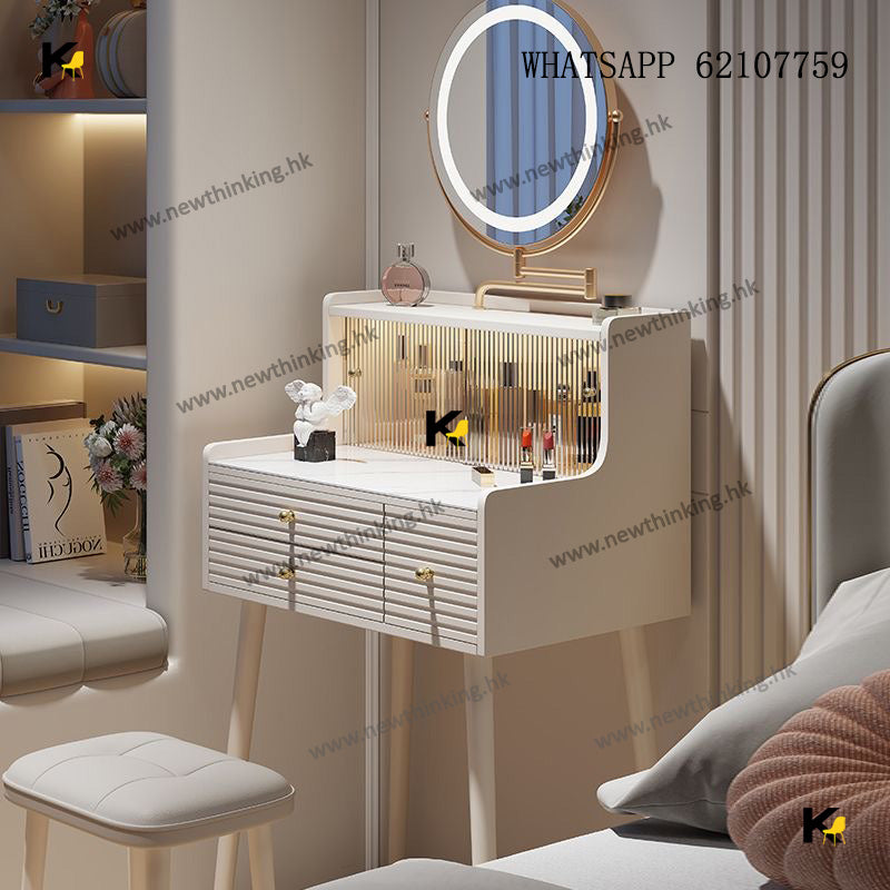 A&1854 newthinking法式奶油梳妝枱 化妝枱 小型化妝桌 化妝枱收納櫃 床頭櫃 臥室桌子 窄款梳妝桌 岩板檯面
