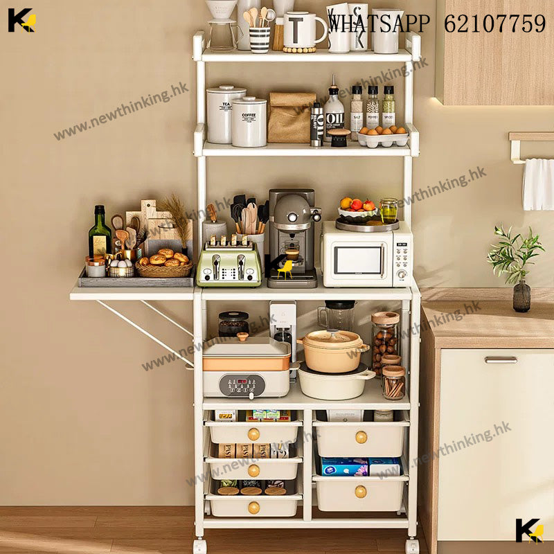 A&1908餐邊櫃多層置物架帶抽屜 廚房置物架 可移動帶轆 防塵碗櫃 電器收納架 收納櫃 微波爐 烤箱收納櫃 落地櫃 雜物櫃newthinking