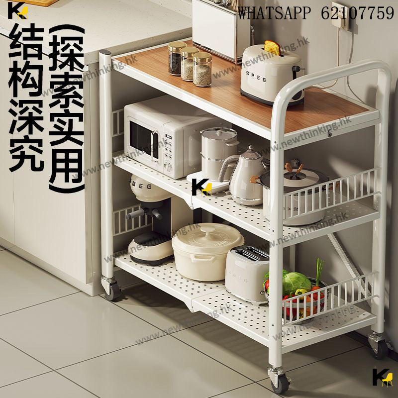 A&3998免安裝展開即用置物架 廚房置物架 多層收納架 雜物架 折疊架 微波爐烤箱架子 收納推車 帶轆方便清潔newthinking