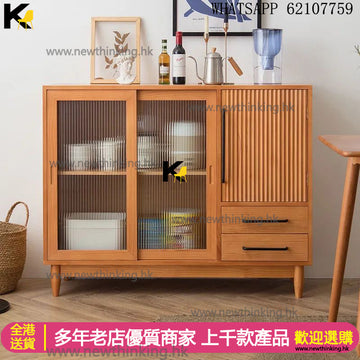 A&0474實木碗櫃 餐邊櫃 趟門廚房收納櫃 置物櫃 推拉門儲物櫃 茶水櫃多用途置物架