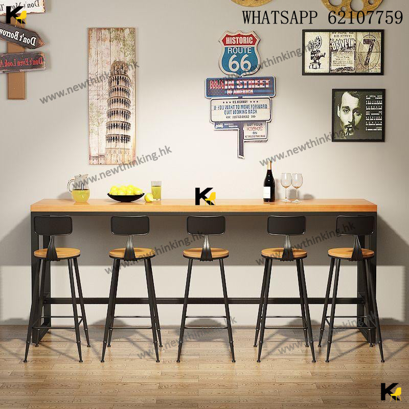 A&5229實木鐵藝吧枱吧椅 長條桌 奶茶店咖啡台 酒吧台椅組合